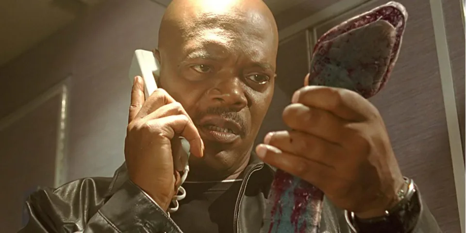 Samuel L. Jackson on the phone in the movie Snakes on a Plane