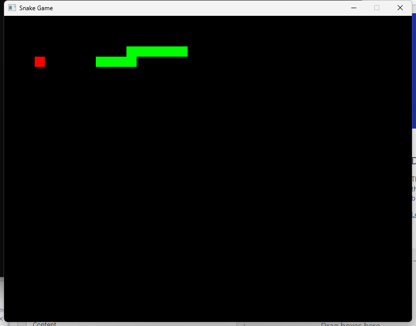 First Snake prototype in Rust and SFML: a green snake and a red food square on a black window